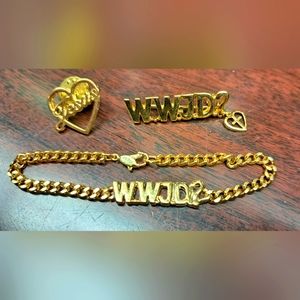 WWJD BRACELET, PIN ALSO A JESUS PIN BEAUTIFUL BRIGHT GOLD TONES